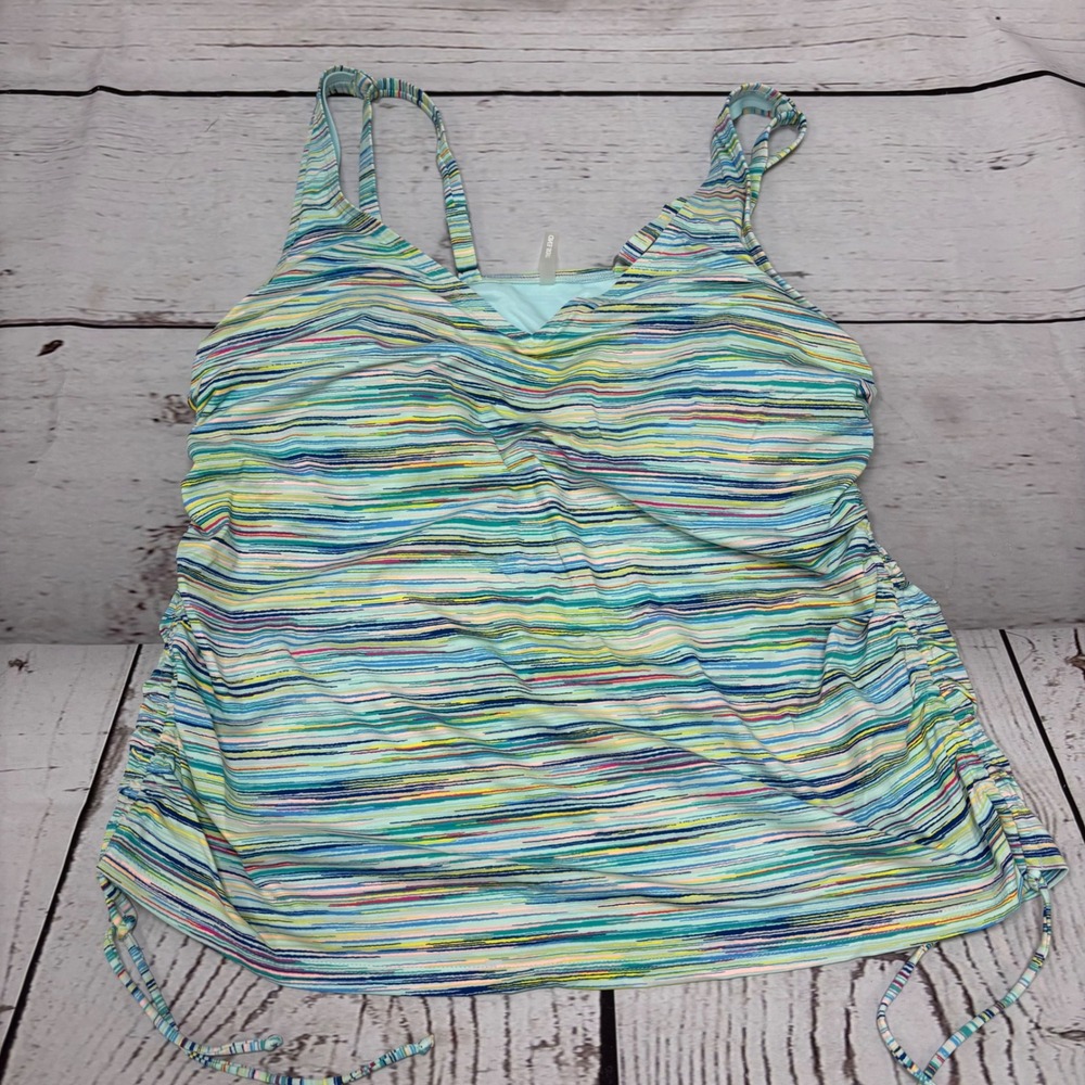 Lands End Womens 14P Petite Striped Tankini Swim Top Blue Multi Ruched Side
